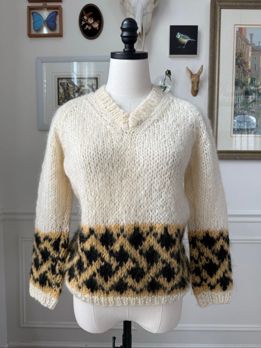 Vintage 70s Colebrook Mohair Blend Hand Knit Italy Ski Sweater Vneck S
